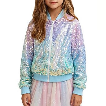 Girls Gradient Sequin Bomber Jacket Zip Up Sparkly Long Sleeve Jackets