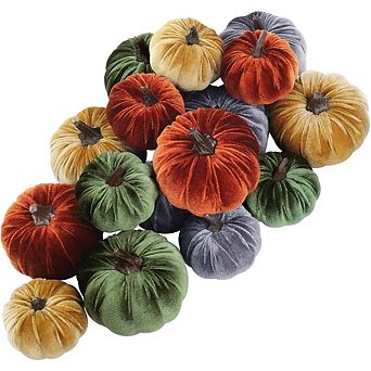 16 pc Assorted Rustic Velvet Pumpkins, Fall Thanksgiving Décor Set