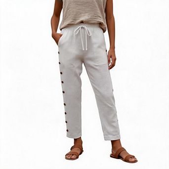 Cropped Pants for Women Drawstring Waist Trousers Ankle Bottom Side Button Travel Casual Outfit