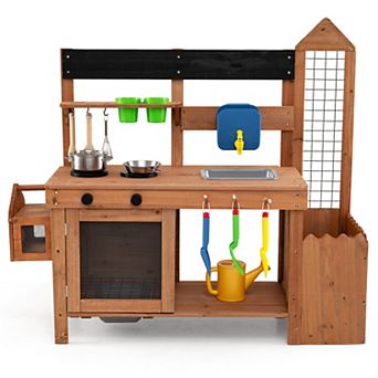 Costway Kids Mud Kitchen with Detachable Bird Cage, Planter, Trellis, 2 Sinks, Stoves
