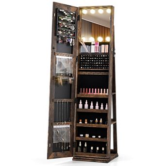 Costway 360° Swivel Jewelry Cabinet with Lighted Full Length Mirror & Back Shelves, Lights