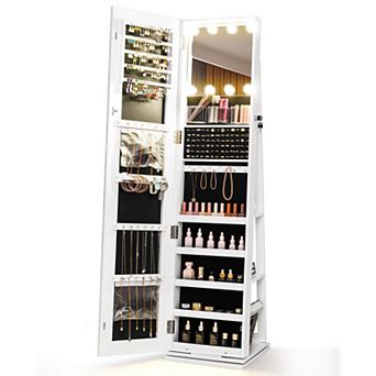 Costway 360° Swivel Jewelry Cabinet with Lighted Full Length Mirror & Back Shelves, Lights