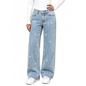 Womens High Rise Wide Leg Denim Pants With Bow Casual Jeans