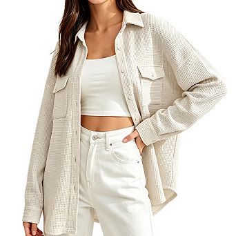 Womens Collared Button Front Long Drop Shoulder Sleeve Waffle Knit Oversized Shirt Casual Tops