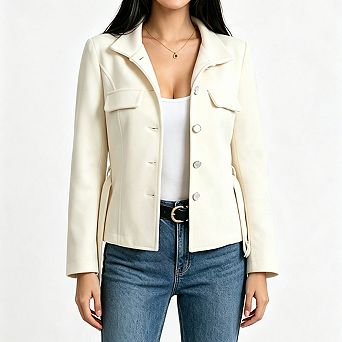 Women Short Wool Blend Jacket Lapel Collar Button Front Coat Flap Pockets Long Sleeve Outerwear