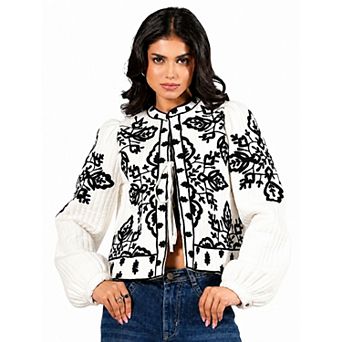 Rose & Nancy Women's Lori Black And White Cotton Quilted Embroidered Jacket