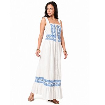 Rose & Nancy Women's Harri White and Blue Cotton Heart Embroidery Maxi Dress