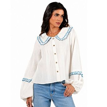 Rose & Nancy Women's Angie Ivory Embroidered Collar Shirt