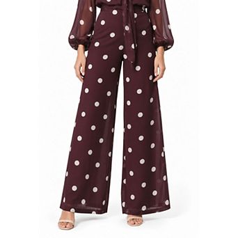 Rose & Nancy Women's Saphi Burgundy Polka Dot Print Wide Leg Trouser