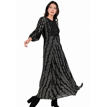Rose & Nancy Women's Corinne Black and White Waves Print Lace Trim Maxi Dress