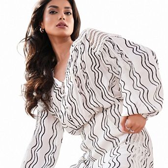 Rose & Nancy Women's Corinne Cream Waves Print Lace Trim Blouse