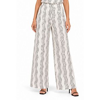 Rose & Nancy Women's Corinne Cream Waves Print Lace Trim Wide Leg Trousers