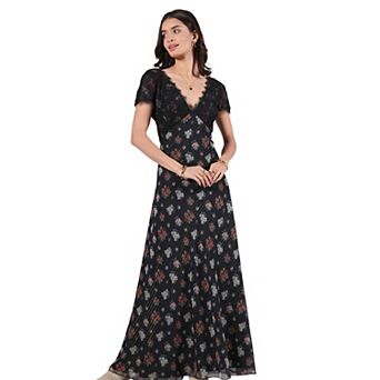 Rose & Nancy Women's Jess Lace Trim Navy And Black Floral Maxi Dress