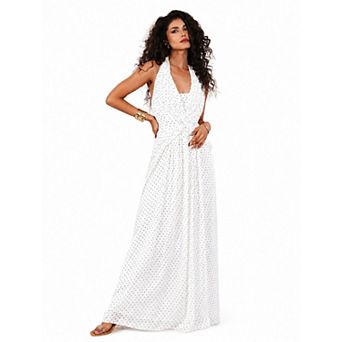 Rose & Nancy Women's Sophi Ivory Polka Dot Print Halter Neck Maxi Dress