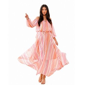 Rose & Nancy Women's Lila Pink Coral Metallic Stripe Asymetric Hem Maxi Dress