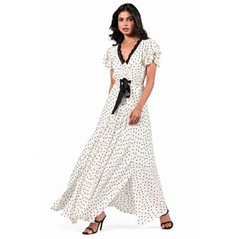 Rose & Nancy Women's Chloe Ivory Spot Print Lace Detail Tie Waist Maxi Dress