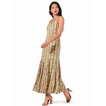Rose & Nancy Women's Annie Fit and Flare Hand Embellished Yellow Pink Fruit Print Maxi Dress