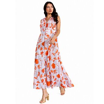 Rose & Nancy Women's Florrie Blue and Orange Floral Print Midi Dress
