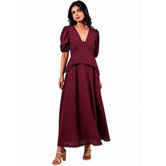 Rose & Nancy Women's Holly Burgundy Embroidered Lace Cotton Midi Dress