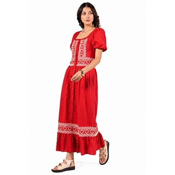 Rose & Nancy Women's Harri Red And White Cotton Heart Embroidery Short Sleeve Maxi Dress
