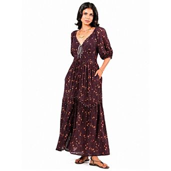 Rose & Nancy Women's Eloise Burgundy Floral Cotton Crinkle Midi Dress