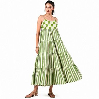 Rose & Nancy Women's Helena Green Cotton Crochet Stripe Maxi Sun Dress