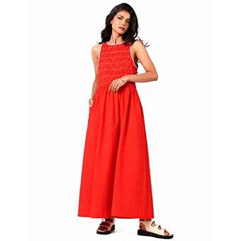 Rose & Nancy Women's Issy Red Smocked Cotton Maxi Dress
