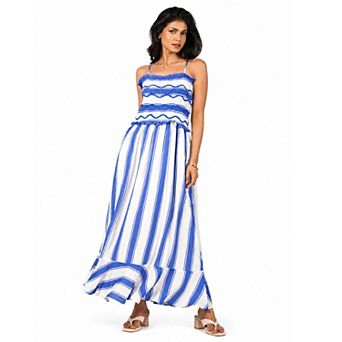 Rose & Nancy Women's Seraphine Blue And White Stripe Wave Embroidered Maxi Dress