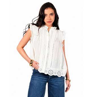 Rose & Nancy Women's Jean Ivory Cotton Lace Trim Pretty Swing Top