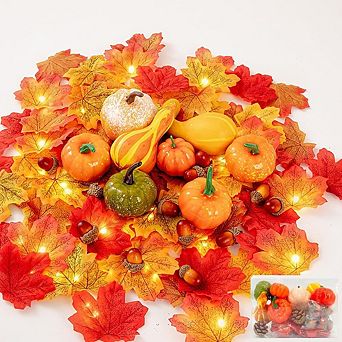51 pc Faux Pumpkins & Fall Décor Set with Maple Leaf String Lights