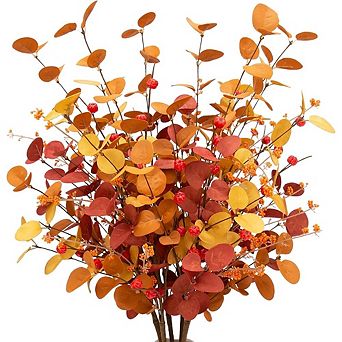 6 pc Artificial Eucalyptus Stems with Fall Flowers for Autumn Decor