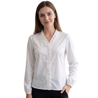 Women's Ruffle V Neck Pullover Lantern Long Sleeve Work Blouse