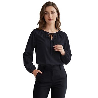 Elegant Women's Bow Tie Round Neck Long Sleeved Solid Top for Office and Casual Wear
