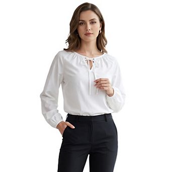 Elegant Women's Bow Tie Round Neck Long Sleeved Solid Top for Office and Casual Wear