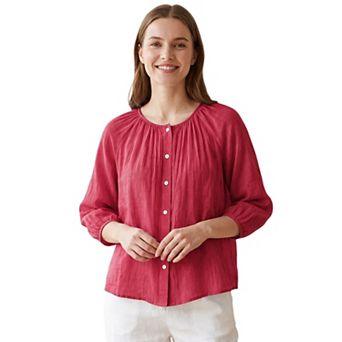 Women's Round Neck Button Down Lantern 3/4 Sleeve Blouse