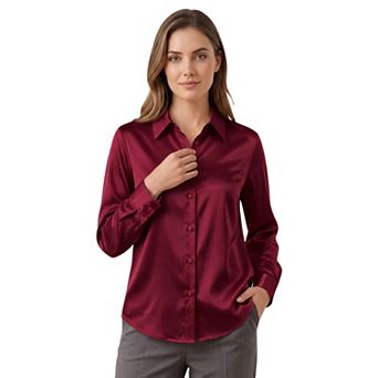 Women's Turn Down Collar Button Down Closure Satin Shirt