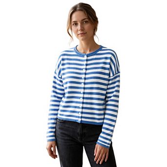Women's Striped Crewneck Button Down Long Sleeve Cardigan Sweater