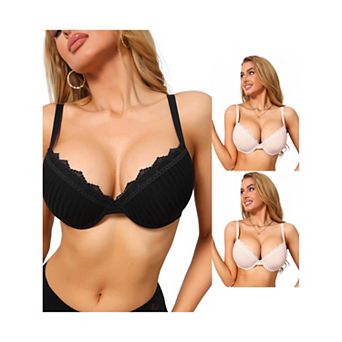 3 Packs Women's Lace Trim Bra Full Coverage V Neck Push Up Underwire Bralettes