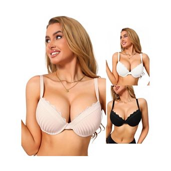 3 Packs Women's Lace Trim Bra Full Coverage V Neck Push Up Underwire Bralettes
