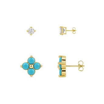 PRIMROSE 14k Gold Flash Plated Round Cubic Zirconia & Simulated Turquoise Flower 2-Pair Stud Earring Set