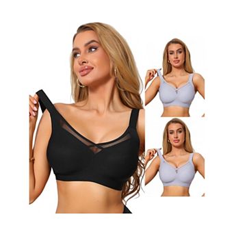 3 Packs Women's V-Neck Mesh Full Coverage Wireless Soft Cup Wide Adjustable Straps Minimizer Bras