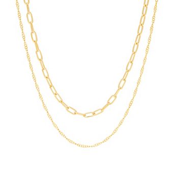 14k Gold Over Sterling Silver Paperclip & Singapore Chain Necklace Set