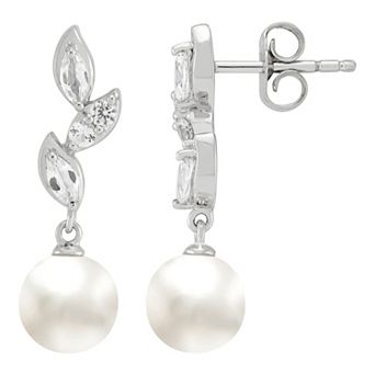 Rhodium Over Sterling Silver Freshwater Pearl & Lab-Created White Sapphire Leaf Drop Earrings