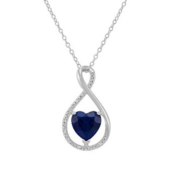 Rhodium Over Sterling Silver Diamond Accent Heart Lab-Created Sapphire Pendant Necklace