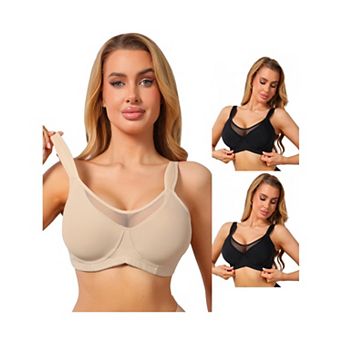 3 Packs Women's Mesh Full Coverage Underwire Bra Push Up Lift Anti-Sag Wide Strap Minimizer