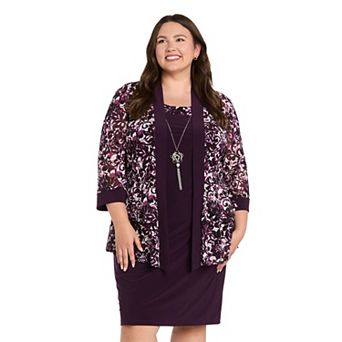 Plus Size R&M Richards Floral Puff Print Jacket Dress & Necklace 3 pc Set
