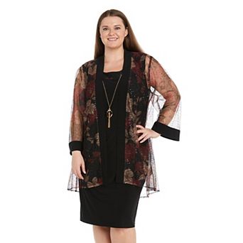 Plus Size R&M Richards Floral Sequin Mesh Long Jacket 2 pc Dress Set