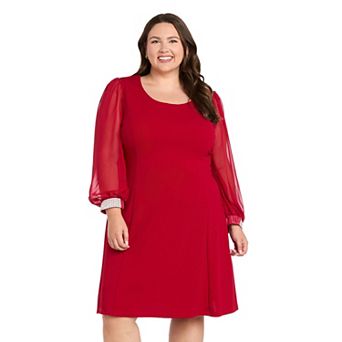 Plus Size R&M Richards Stretch Scuba Sheer Long-Sleeve Embellished Cuff A-Line Dress