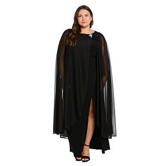 Plus Size R&M Richards Chiffon Cape Rhinestone Brooch Slit Gown