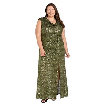 Plus Size R&M Richards Sequin Cowl Neck Cap Sleeve Ruched Cascade Gown